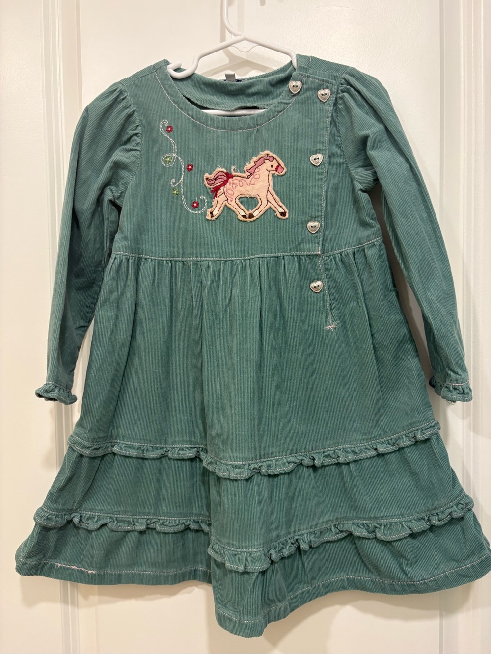 Le Top Girls 4T Horse Corduroy Dress Equestrian Ruffle Heart Buttons